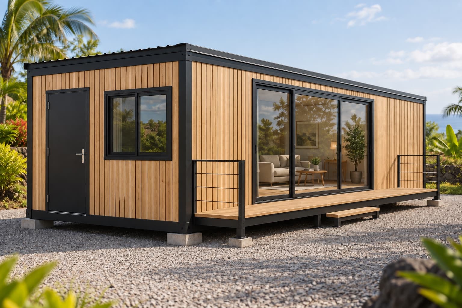 Inspiration générée d’un espace modulaire avec bardage bois et terrasse