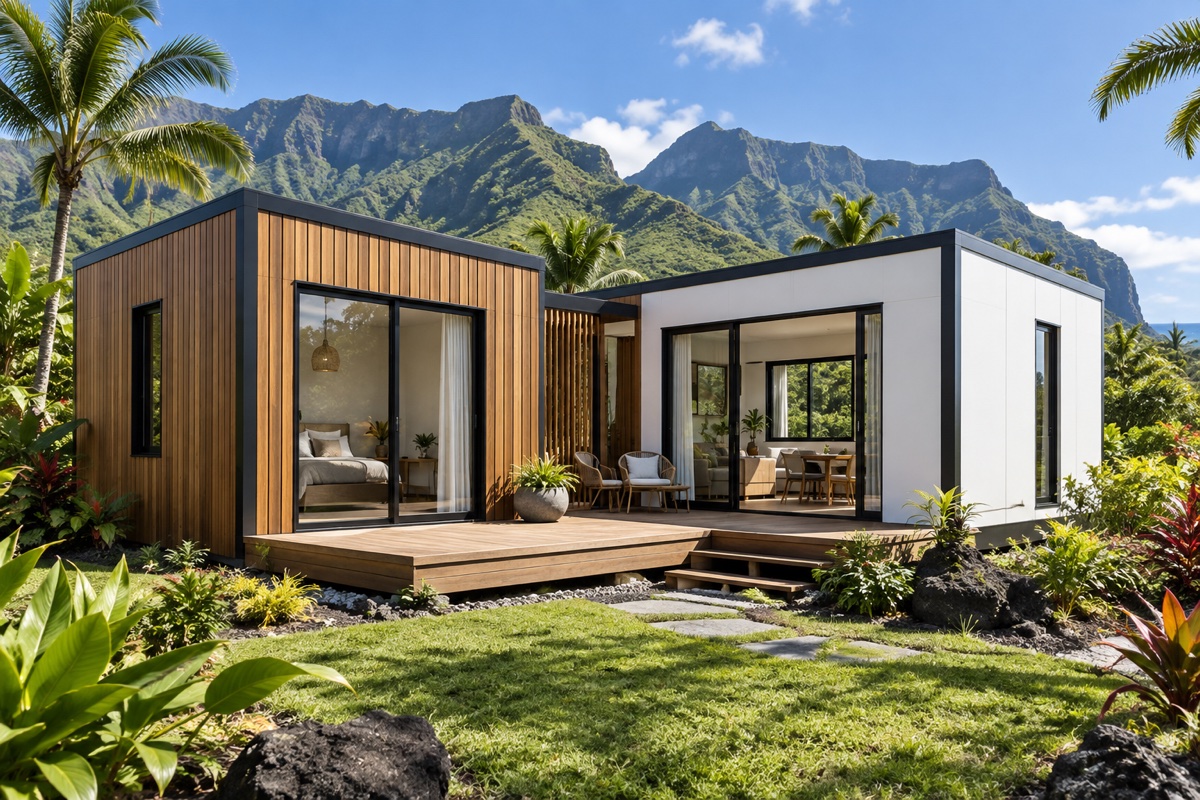Deux modules bois et blanc reliés autour d’une terrasse